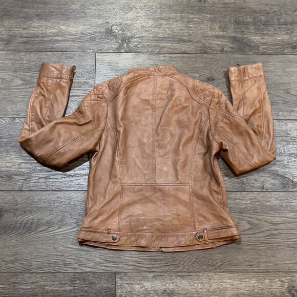 RARE! Scully Light Brown Soft Leather Jacket Interior Butterfly Graphic Women XS - Picture 8 of 11